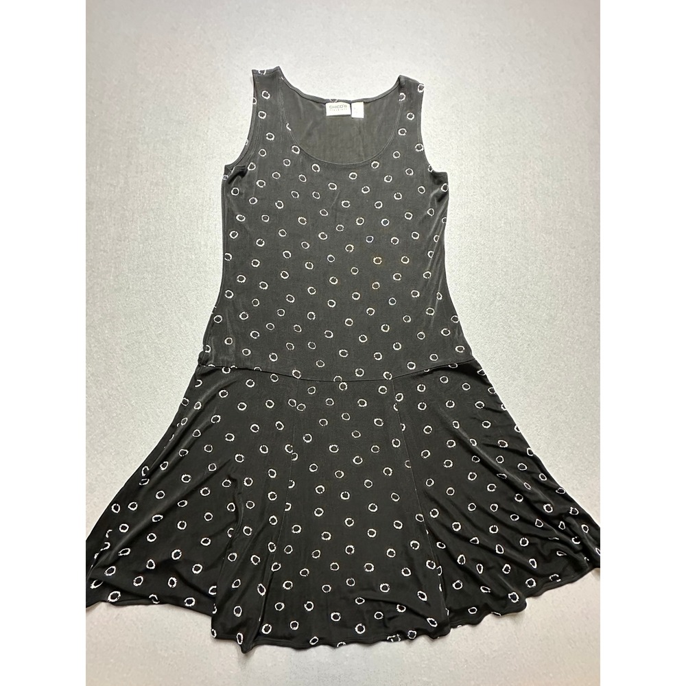 Chicos Travelers Dress Womens Black White Circle Midi Ribbed Size 1-34